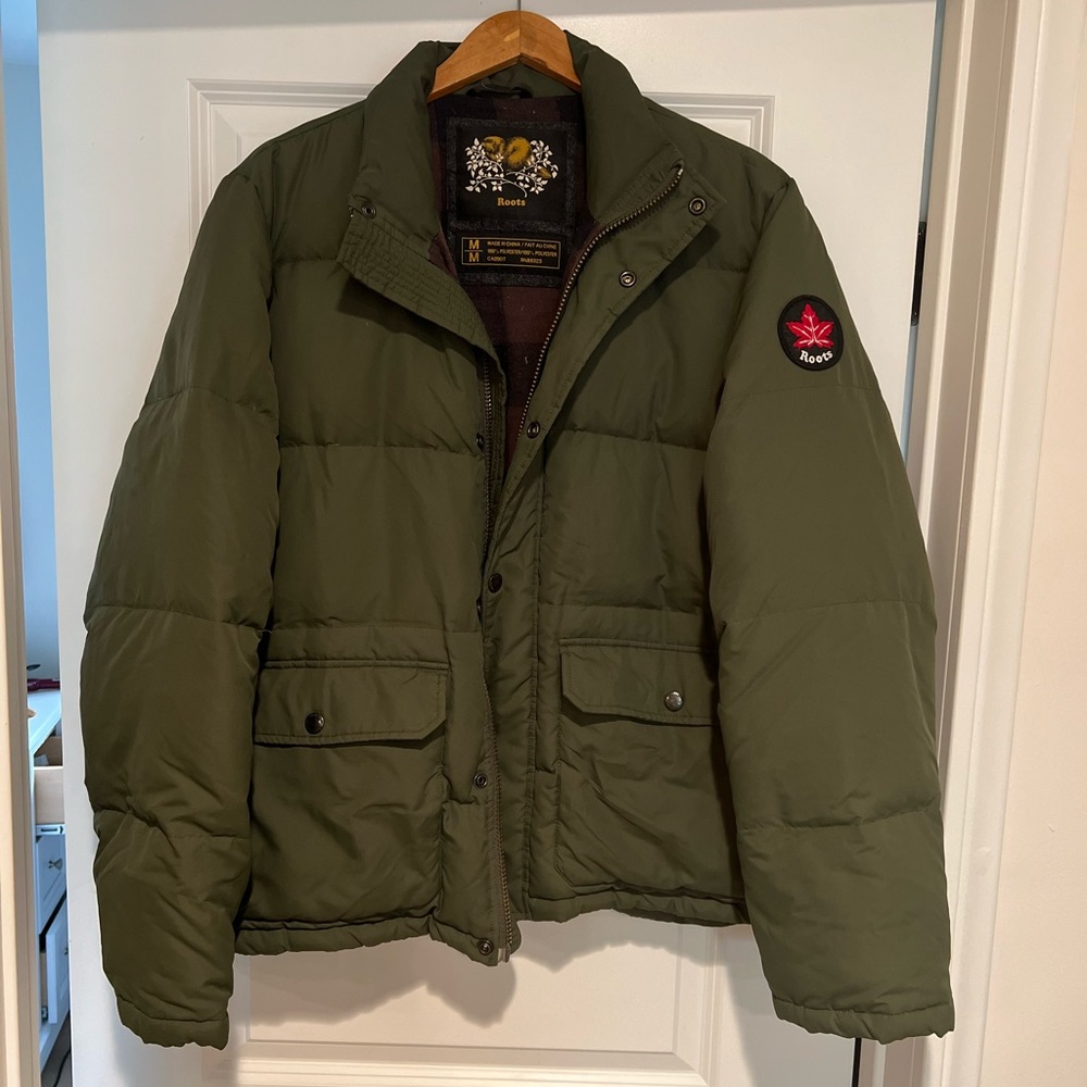 Roots Men's Olive Puffer Jacket with Red Logo Patch